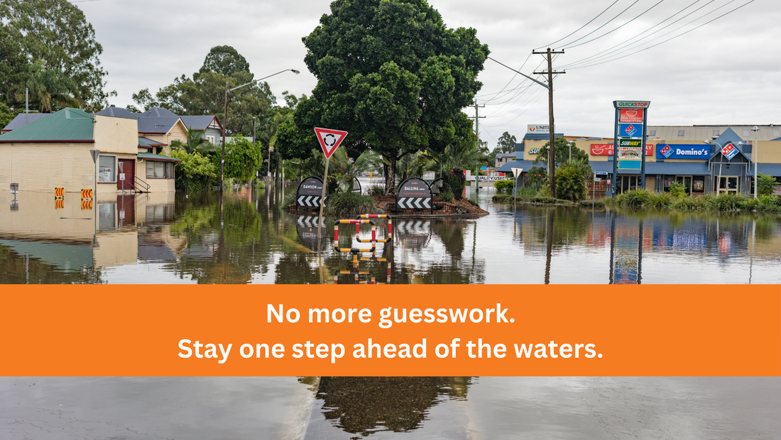 Image of flooding in city. Caption: No more guesswork. Stay one step ahead of the waters.